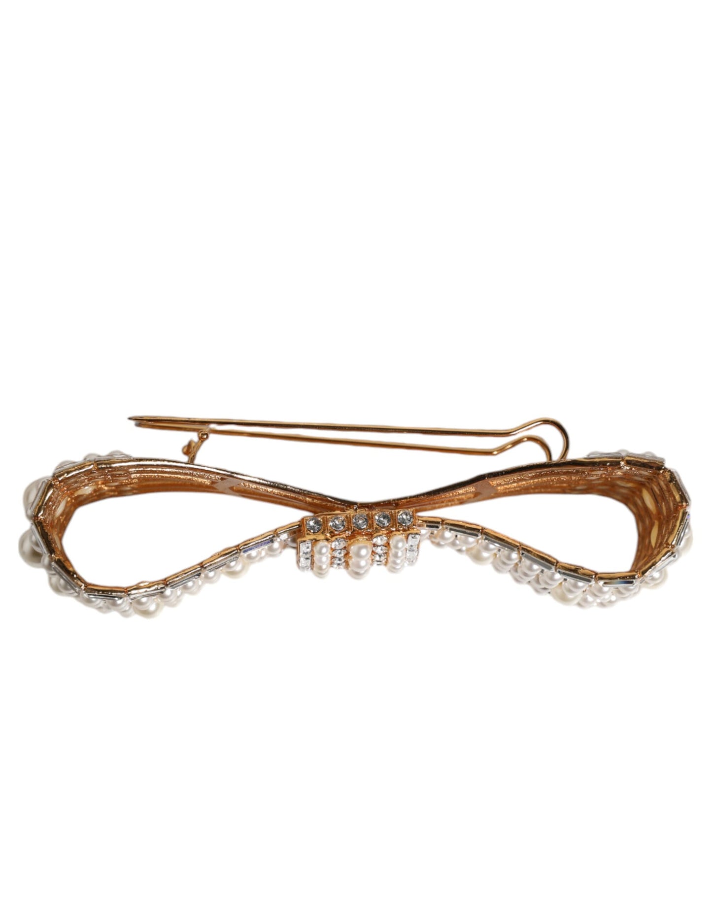 Gold Tone Brass Bow Crystal FauxPearl Embellished Brooch-Dolce & Gabbana-LabelTerrace.com
