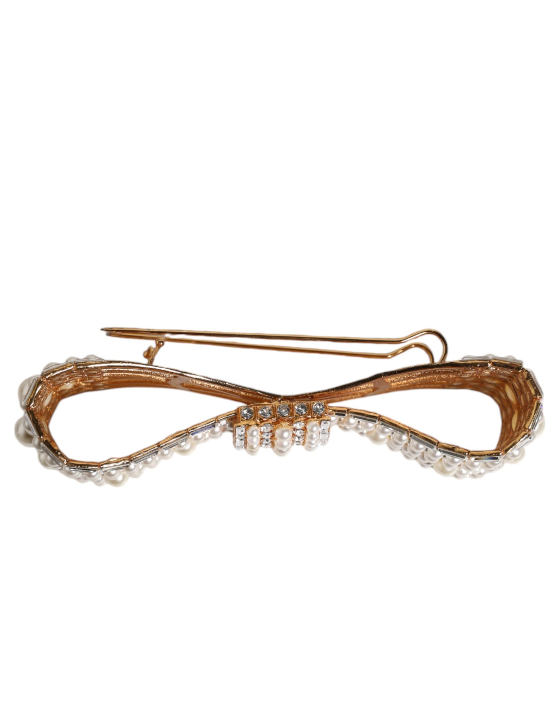 Gold Tone Brass Bow Crystal FauxPearl Embellished Brooch-Dolce & Gabbana-LabelTerrace.com