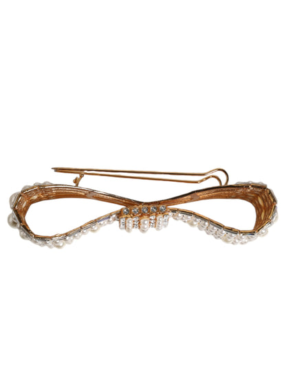 Gold Tone Brass Bow Crystal FauxPearl Embellished Brooch-Dolce & Gabbana-LabelTerrace.com