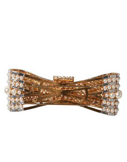 Gold Tone Brass Bow Crystal FauxPearl Embellished Brooch-Dolce & Gabbana-LabelTerrace.com