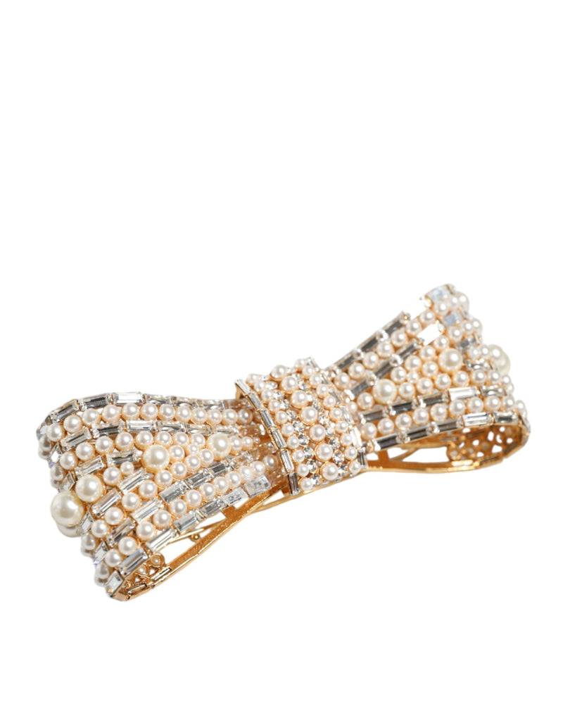 Gold Tone Brass Bow Crystal FauxPearl Embellished Brooch-Dolce & Gabbana-LabelTerrace.com