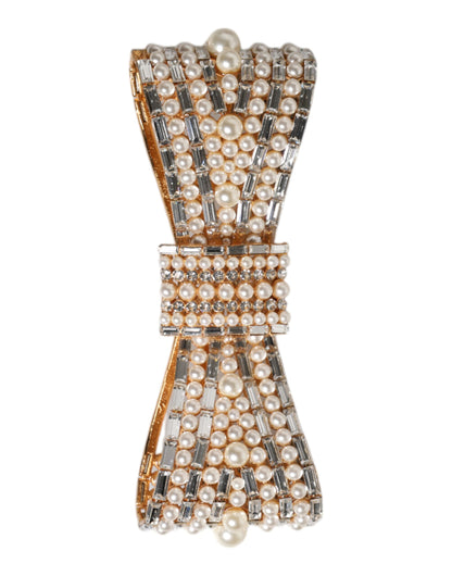 Gold Tone Brass Bow Crystal FauxPearl Embellished Brooch-Dolce & Gabbana-LabelTerrace.com