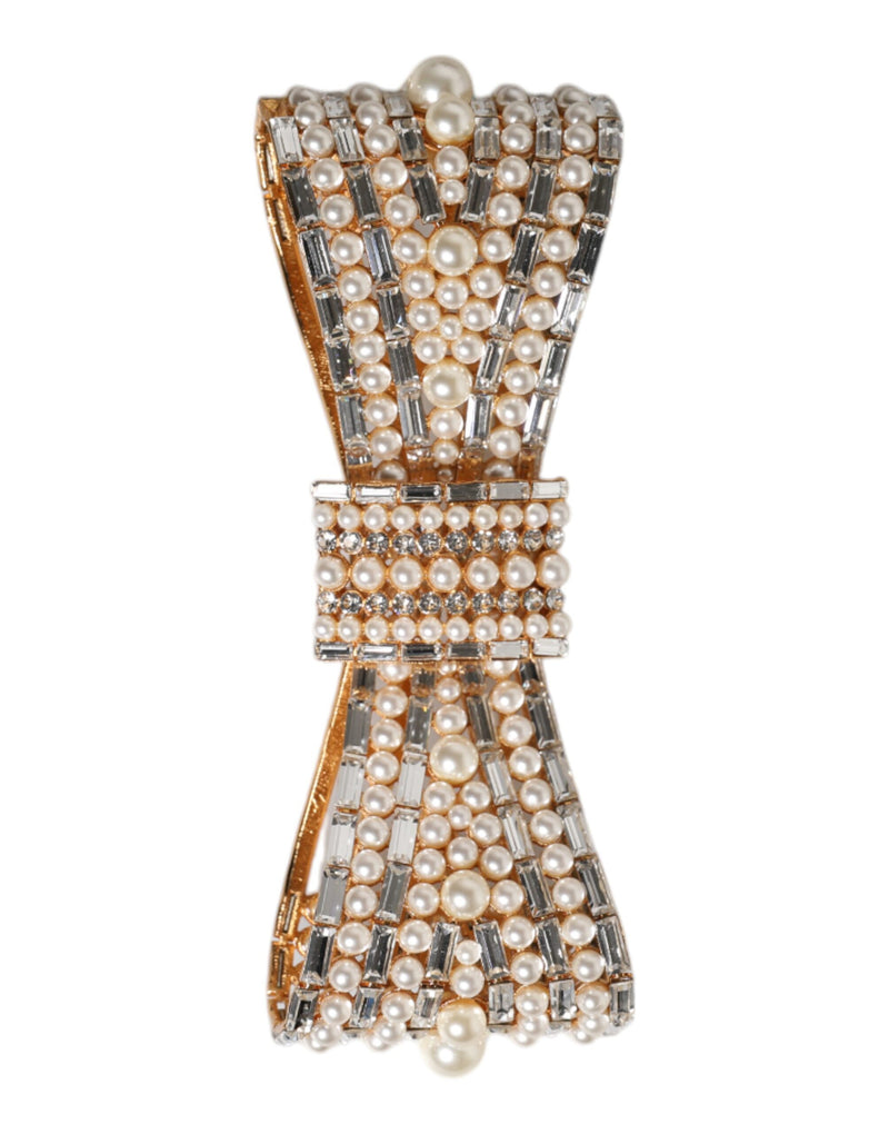 Gold Tone Brass Bow Crystal FauxPearl Embellished Brooch-Dolce & Gabbana-LabelTerrace.com