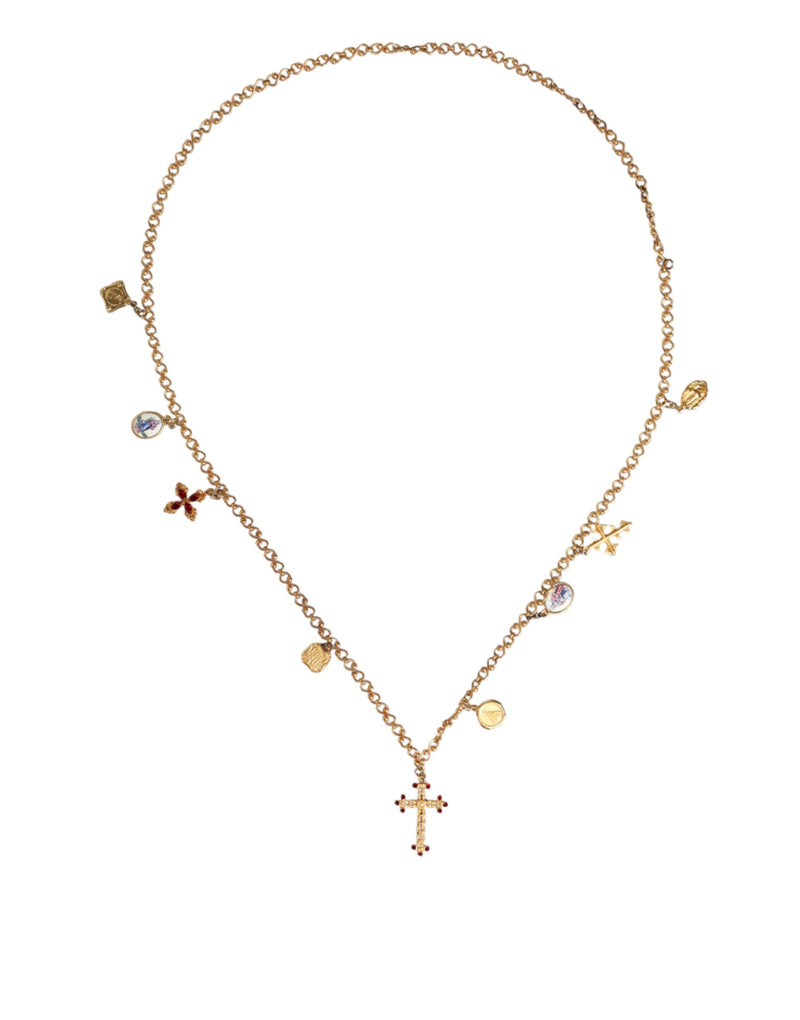 Gold Tone Brass Chain Religious Cross Pendant Necklace-Dolce & Gabbana-LabelTerrace.com