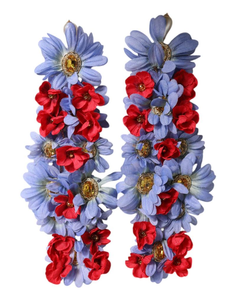 Gold Tone Brass Floral Crystal Clip On Dangling Earrings-Dolce & Gabbana-LabelTerrace.com