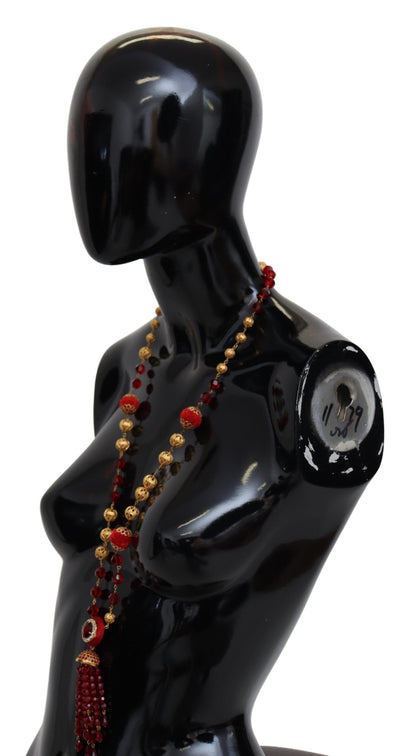 Gold Tone Brass Red Crystals Pendant Opera Chain Necklace