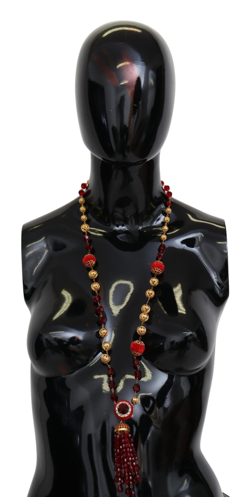 Gold Tone Brass Red Crystals Pendant Opera Chain Necklace-Dolce & Gabbana-LabelTerrace.com