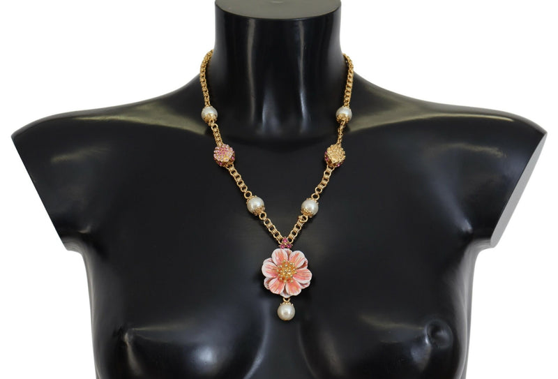 Gold Tone Floral Crystals Pink Embellished Necklace-Dolce & Gabbana-LabelTerrace.com