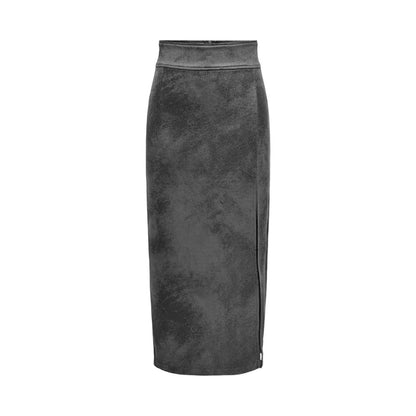 Gray Artificial Leather Long Skirt