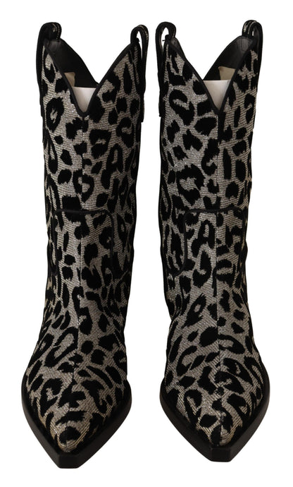 Gray Black Leopard Cowboy Boots Shoes-Dolce & Gabbana-LabelTerrace.com