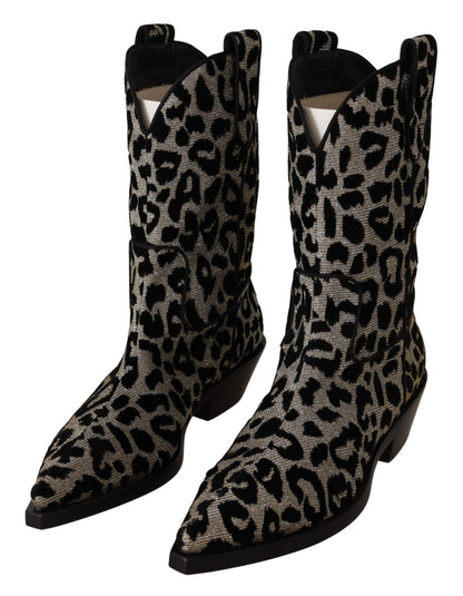 Gray Black Leopard Cowboy Boots Shoes-Dolce & Gabbana-LabelTerrace.com