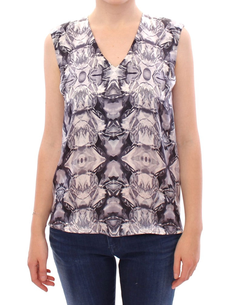 Gray Blue Silk Sleeveless Top Shirt Blouse-Arzu Kaprol-LabelTerrace.com