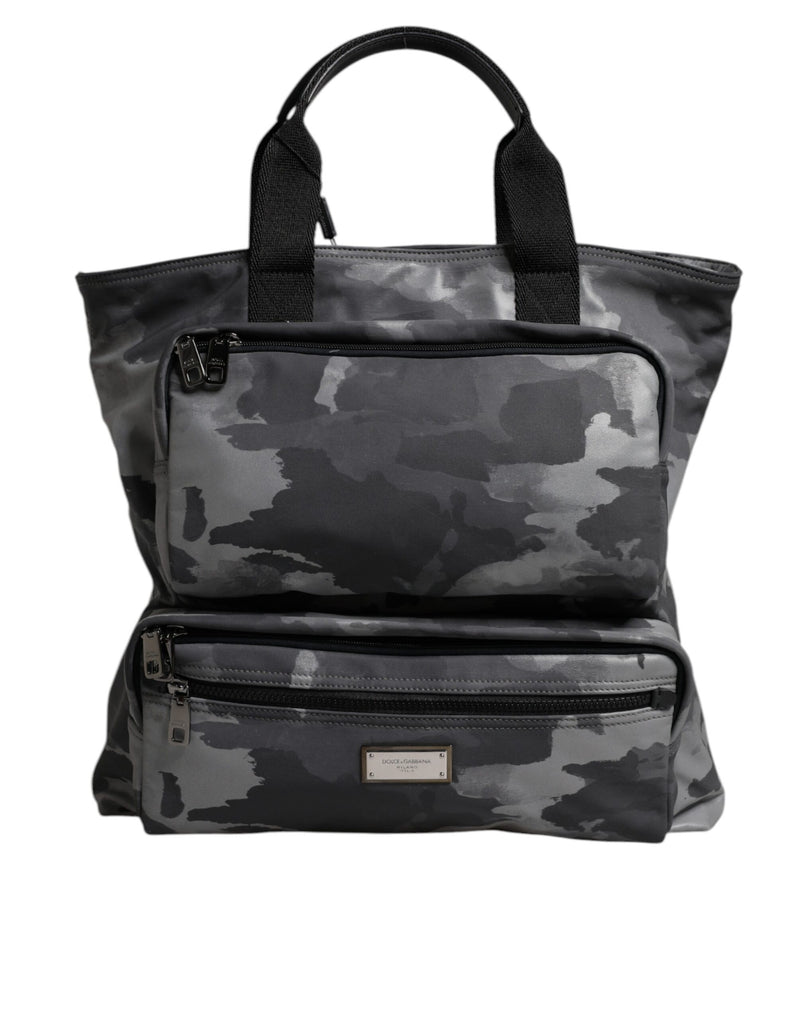 Gray Camo Cotton Multiple Compartments Tote Bag-Dolce & Gabbana-LabelTerrace.com