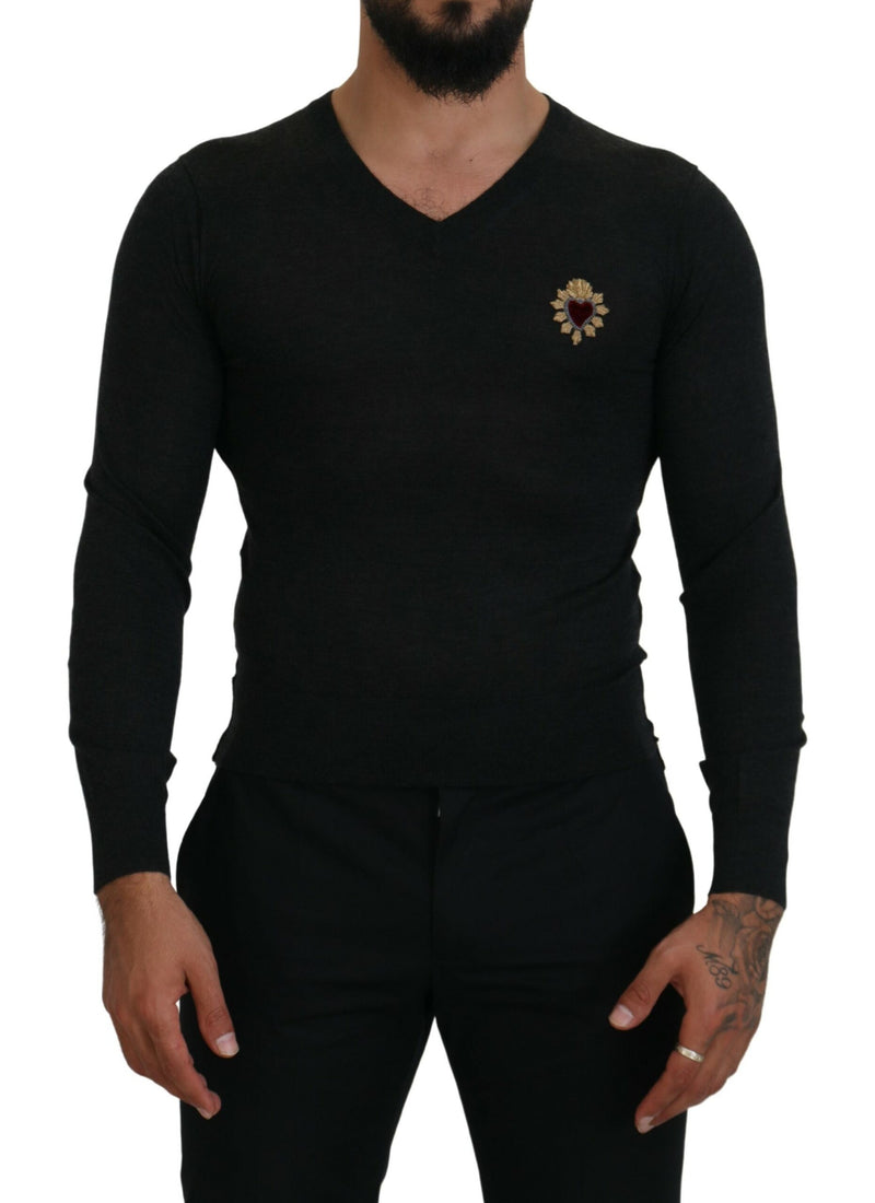 Gray Cashmere V-neck Gold Heart Sweater-Dolce & Gabbana-LabelTerrace.com