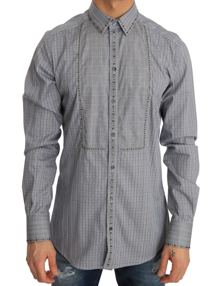 Gray Check GOLD Cotton Slim Fit Shirt-Dolce & Gabbana-LabelTerrace.com