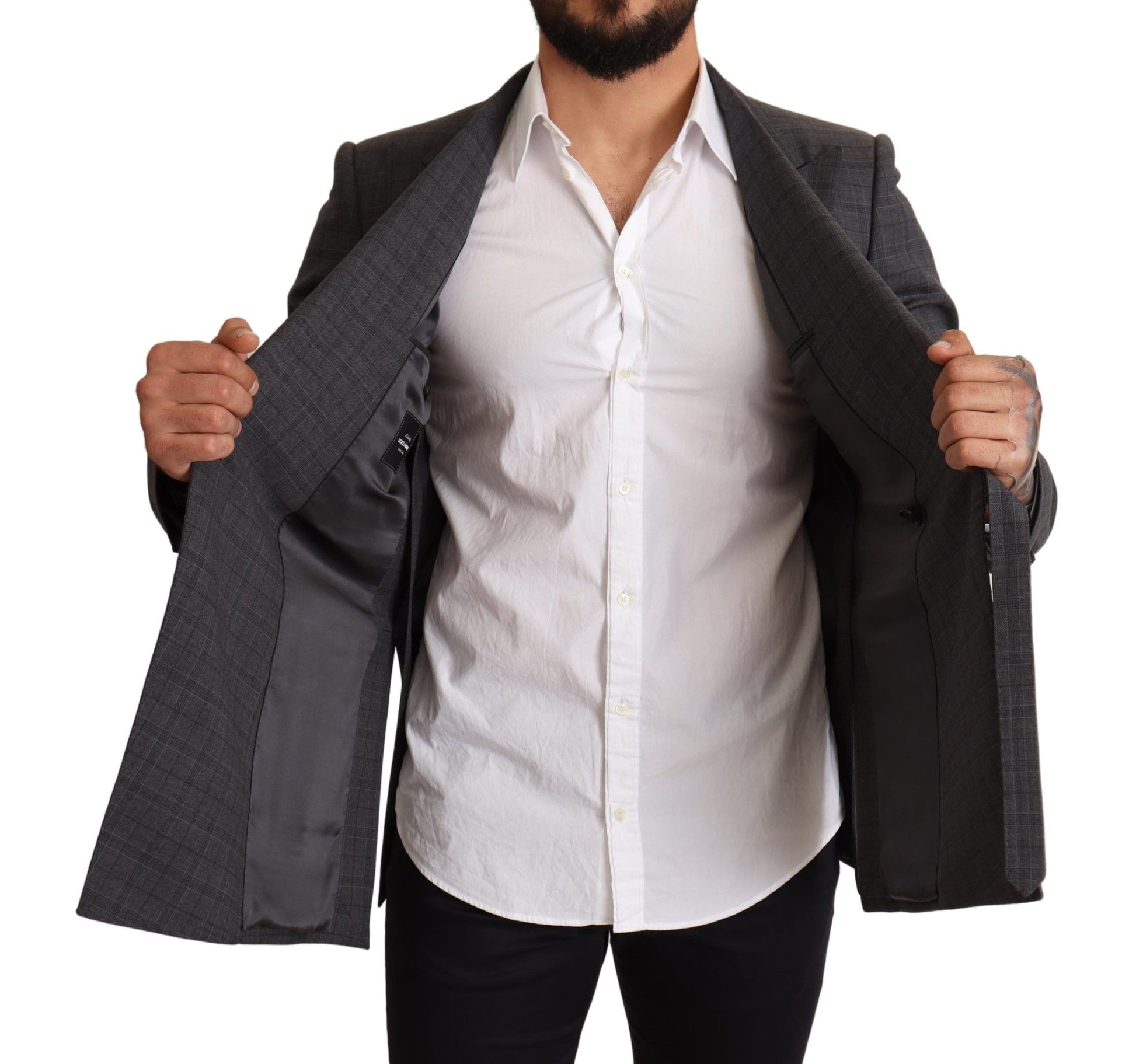 Gray Check Wool Slim Fit Blazer Jacket-Dolce & Gabbana-LabelTerrace.com