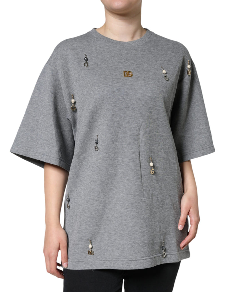 Gray Cotton Blend Embellished Tee T-shirt-Dolce & Gabbana-LabelTerrace.com