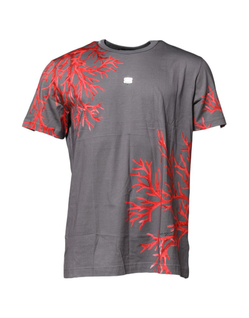 Gray Cotton Coral Print Logo Plaque T-shirt-Dolce & Gabbana-LabelTerrace.com