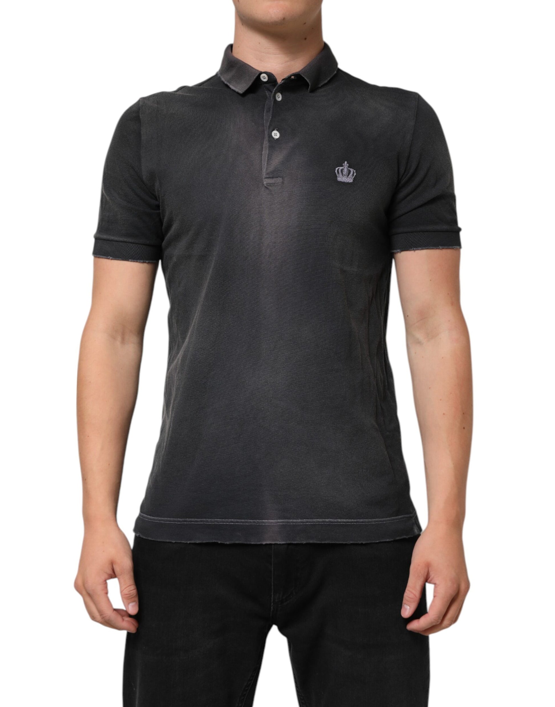 Gray Cotton Crown Collared Men Polo T-shirt-Dolce & Gabbana-LabelTerrace.com