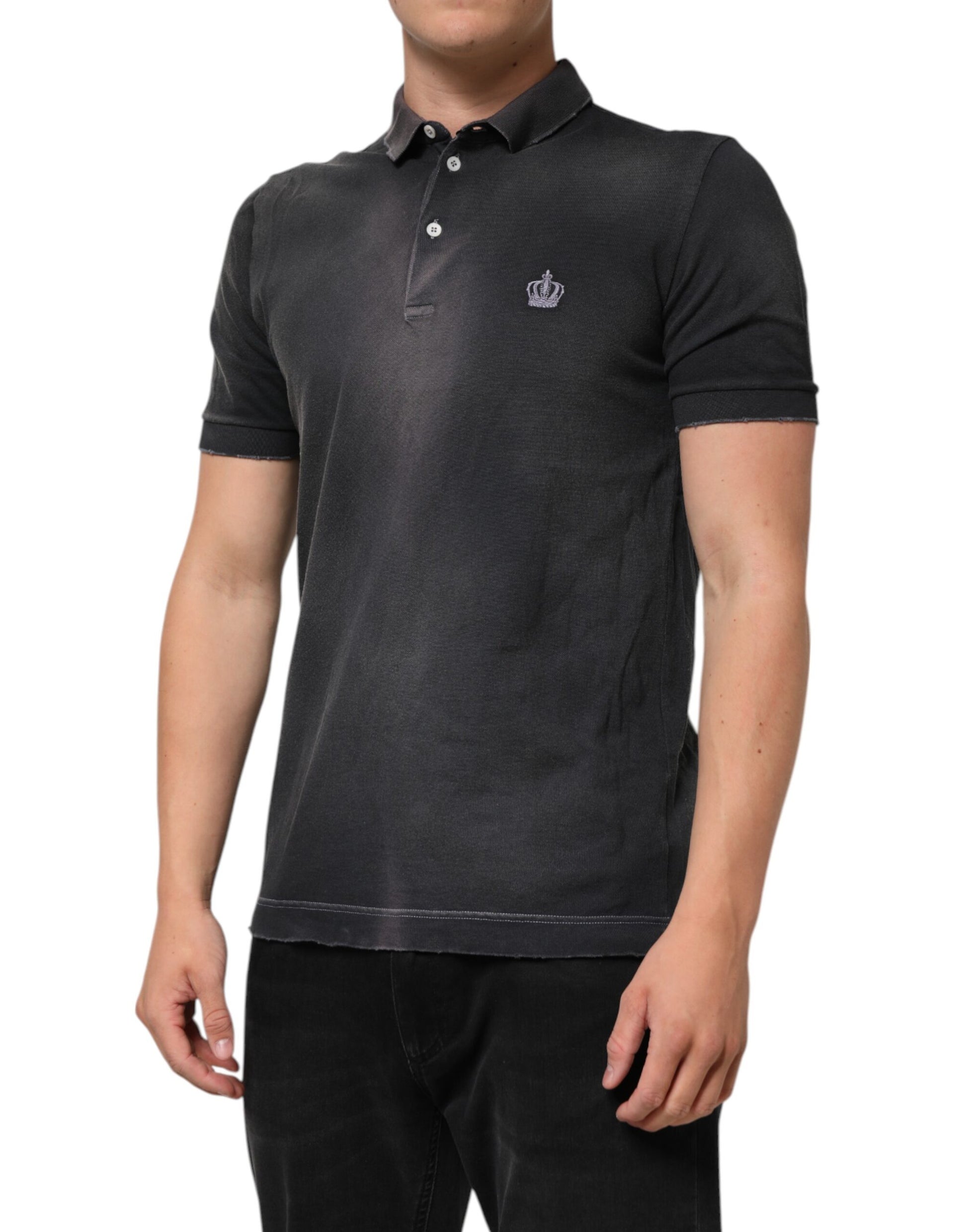 Gray Cotton Crown Collared Men Polo T-shirt-Dolce & Gabbana-LabelTerrace.com