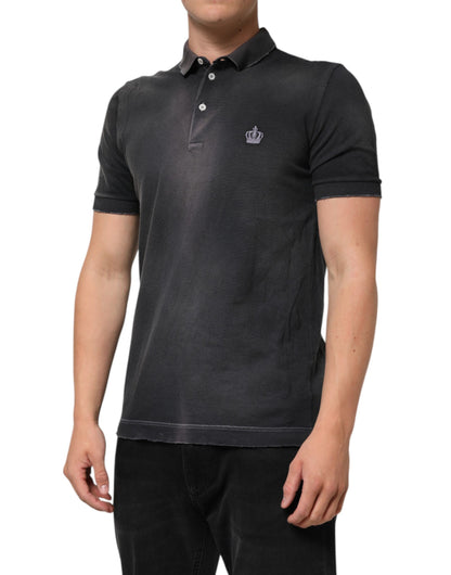 Gray Cotton Crown Collared Men Polo T-shirt-Dolce & Gabbana-LabelTerrace.com