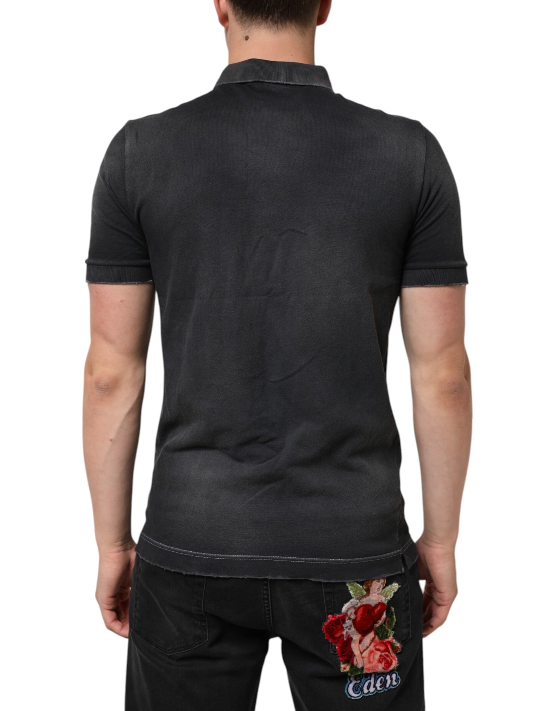 Gray Cotton Crown Collared Men Polo T-shirt-Dolce & Gabbana-LabelTerrace.com