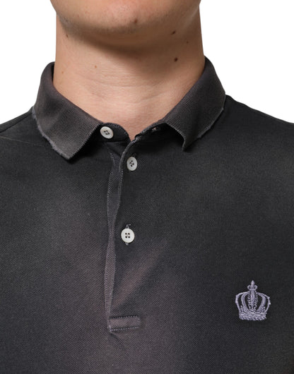 Gray Cotton Crown Collared Men Polo T-shirt-Dolce & Gabbana-LabelTerrace.com