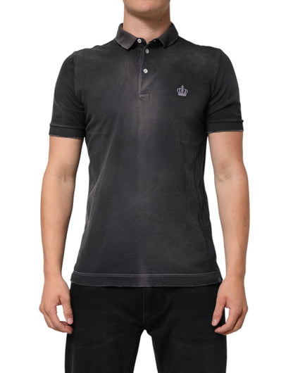 Gray Cotton Crown Collared Men Polo T-shirt-Dolce & Gabbana-LabelTerrace.com