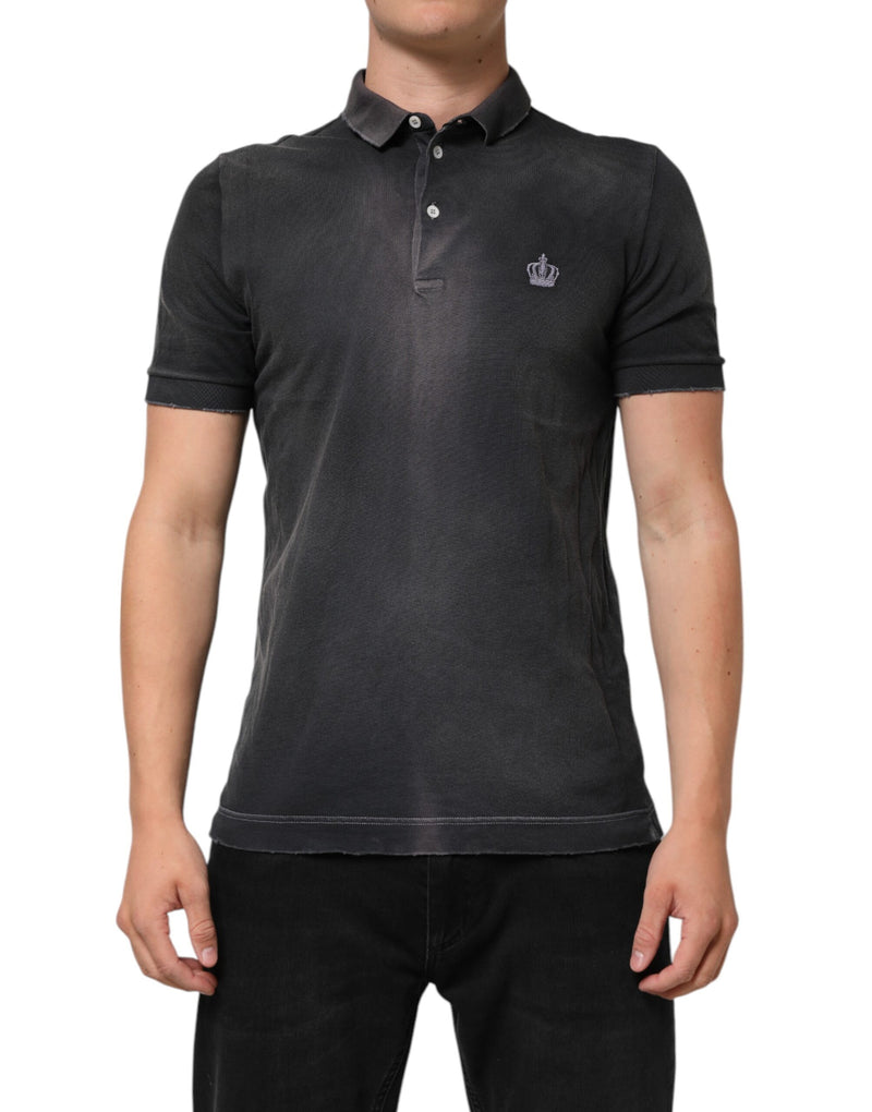 Gray Cotton Crown Collared Men Polo T-shirt-Dolce & Gabbana-LabelTerrace.com
