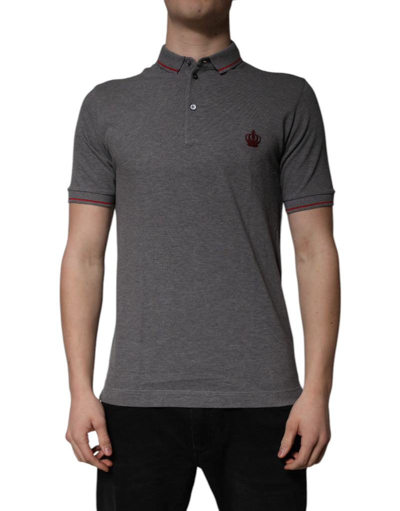 Gray Cotton Crown Collared Polo T-shirt-Dolce & Gabbana-LabelTerrace.com