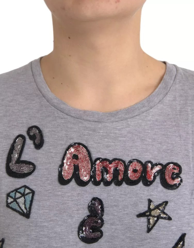 Gray Cotton L'Amore E'Bellezza Top T-shirt-Dolce & Gabbana-LabelTerrace.com
