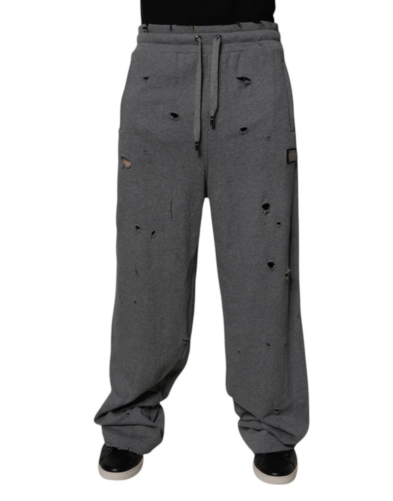 Gray Cotton RipStyle Straight Sweatpants Pants-Dolce & Gabbana-LabelTerrace.com