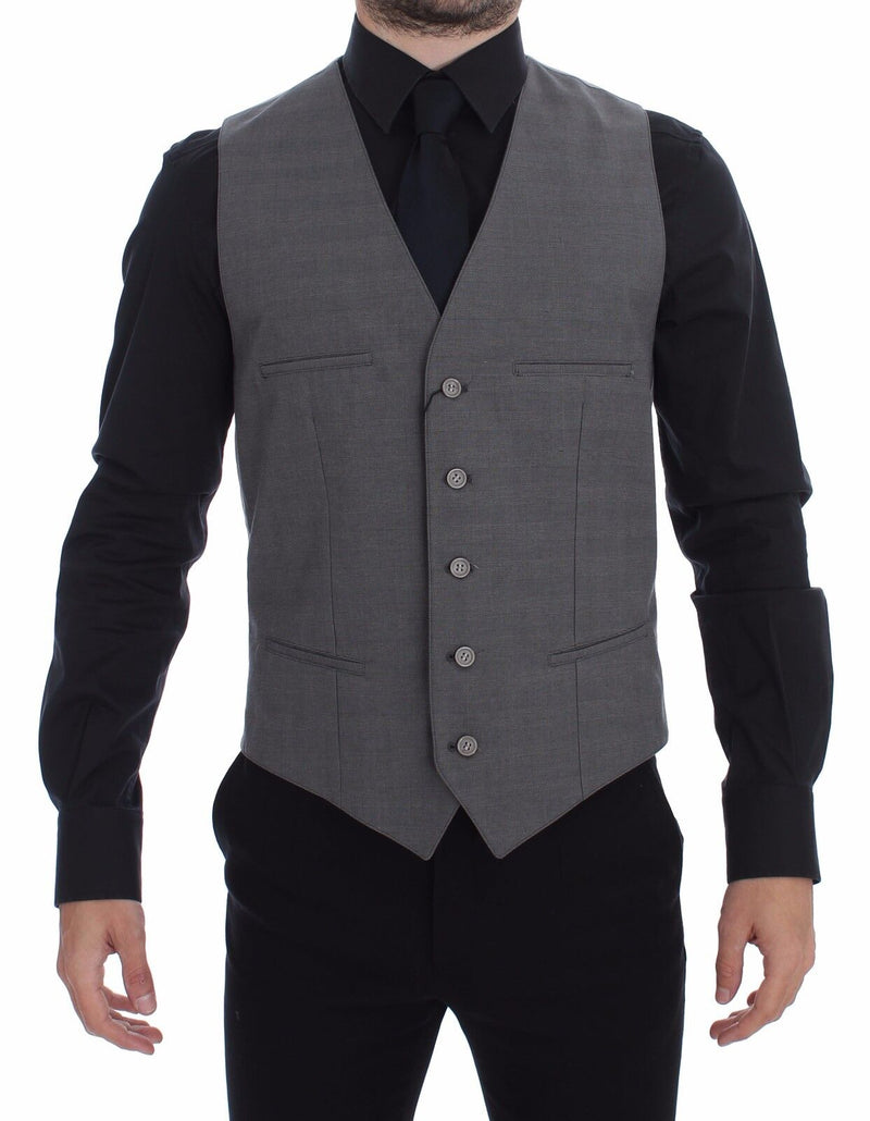 Gray Cotton Slim Fit Button Front Dress Vest-Dolce & Gabbana-LabelTerrace.com