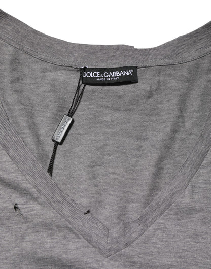 Gray Cotton Tattered Logo Patch Men T-shirt