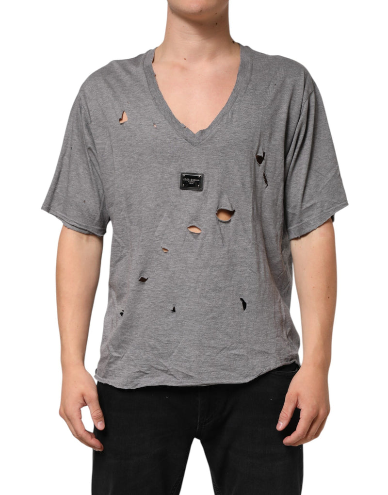 Gray Cotton Tattered Logo Patch Men T-shirt-Dolce & Gabbana-LabelTerrace.com