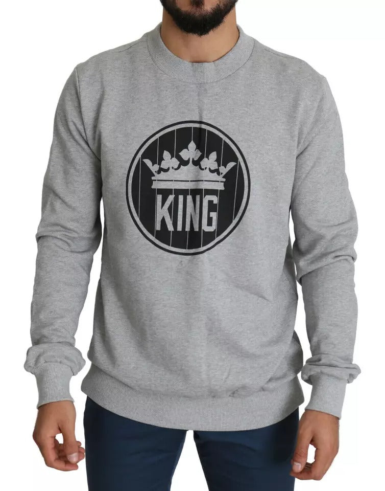 Gray Crown King Print Cotton Pullover Sweater-Dolce & Gabbana-LabelTerrace.com