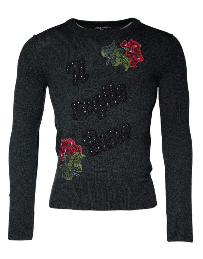 Gray Embellished Crew Neck Pullover Sweater-Dolce & Gabbana-LabelTerrace.com