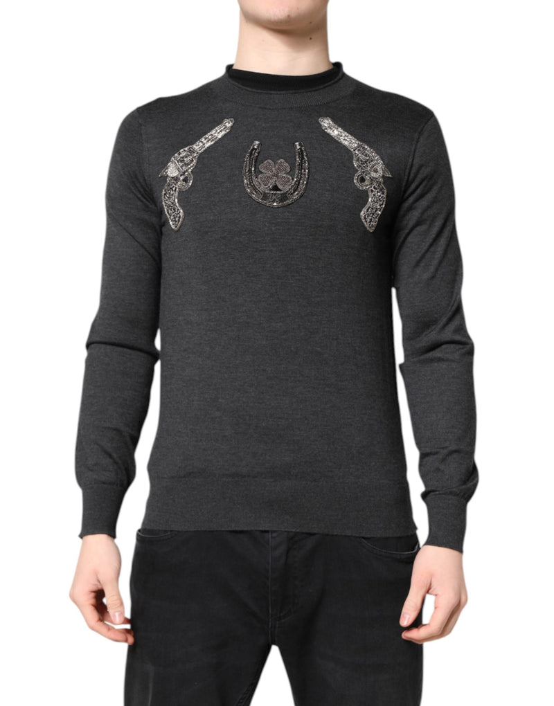 Gray Embroidery Knit Men Pullover Sweater-Dolce & Gabbana-LabelTerrace.com