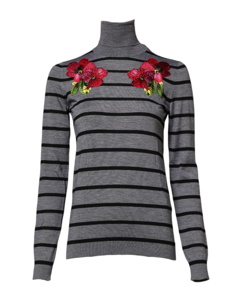 Gray Floral Embroidery Pullover Sweater-Dolce & Gabbana-LabelTerrace.com