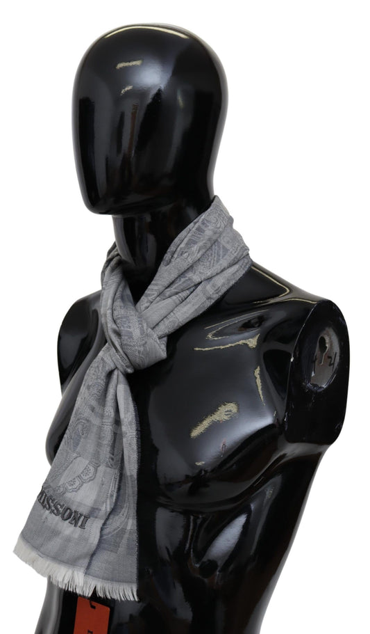 Gray Floral Wool Unisex Neck Wrap Fringes Scarf-Missoni-LabelTerrace.com