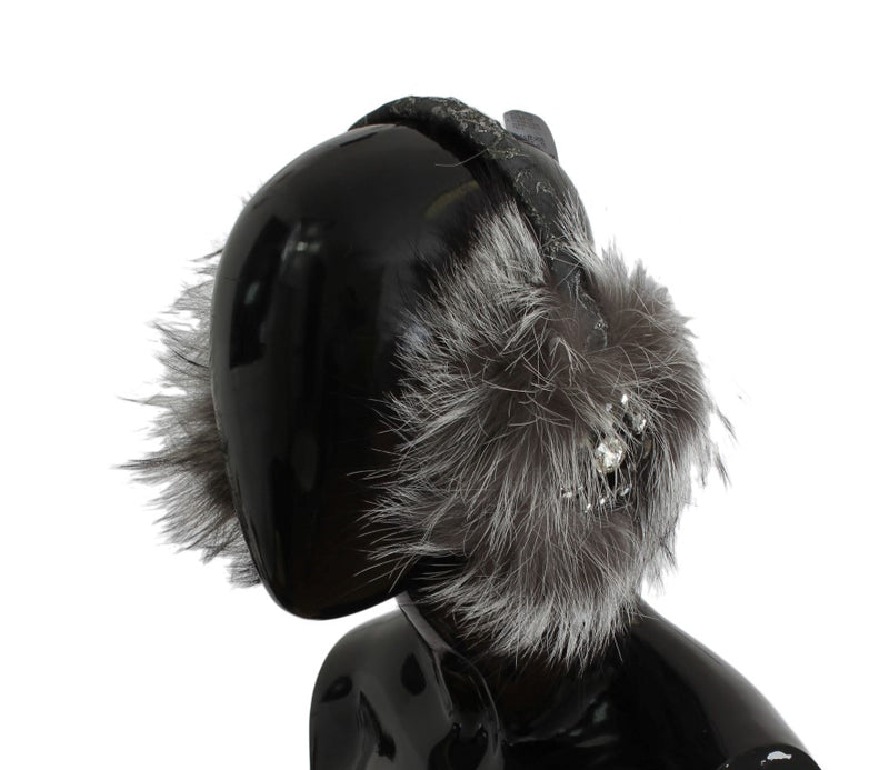 Gray Fox Fur Crystal Ear Muffs-Dolce & Gabbana-LabelTerrace.com