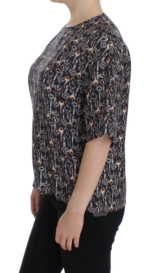 Gray Gold Key Print Silk Blouse T-shirt-Dolce & Gabbana-LabelTerrace.com