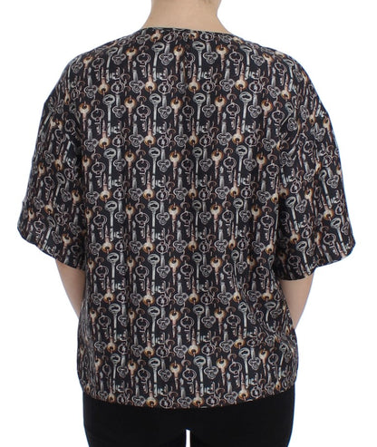 Gray Gold Key Print Silk Blouse T-shirt-Dolce & Gabbana-LabelTerrace.com