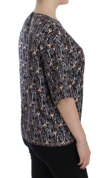 Gray Gold Key Print Silk Blouse T-shirt-Dolce & Gabbana-LabelTerrace.com