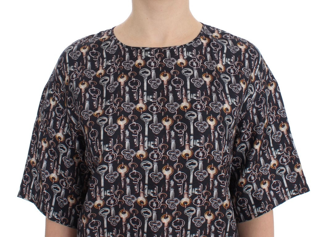 Gray Gold Key Print Silk Blouse T-shirt-Dolce & Gabbana-LabelTerrace.com