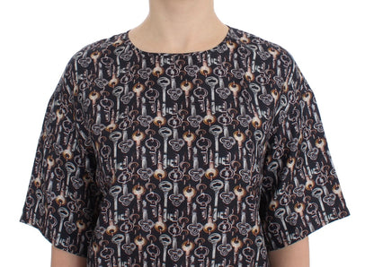 Gray Gold Key Print Silk Blouse T-shirt-Dolce & Gabbana-LabelTerrace.com