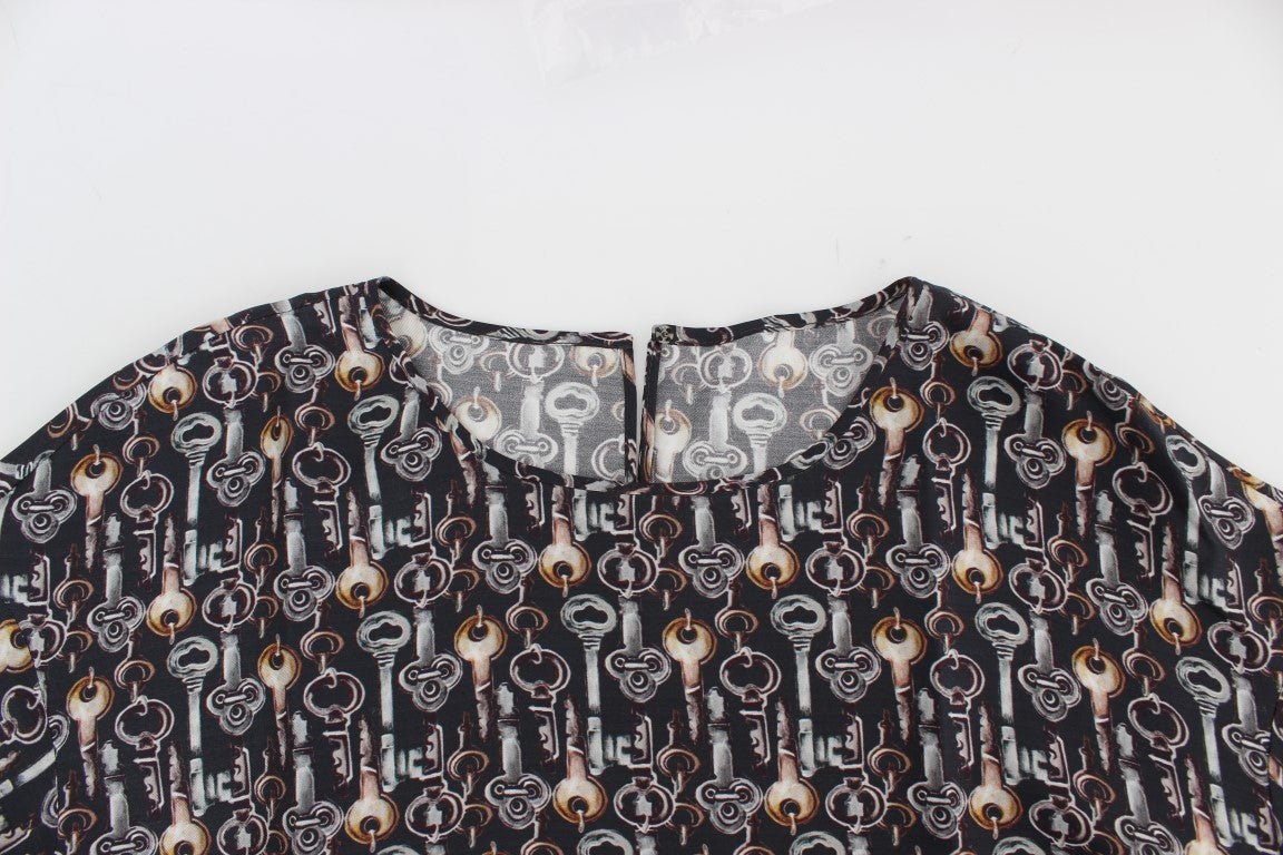 Gray Gold Key Print Silk Blouse T-shirt-Dolce & Gabbana-LabelTerrace.com