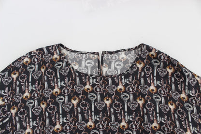 Gray Gold Key Print Silk Blouse T-shirt-Dolce & Gabbana-LabelTerrace.com