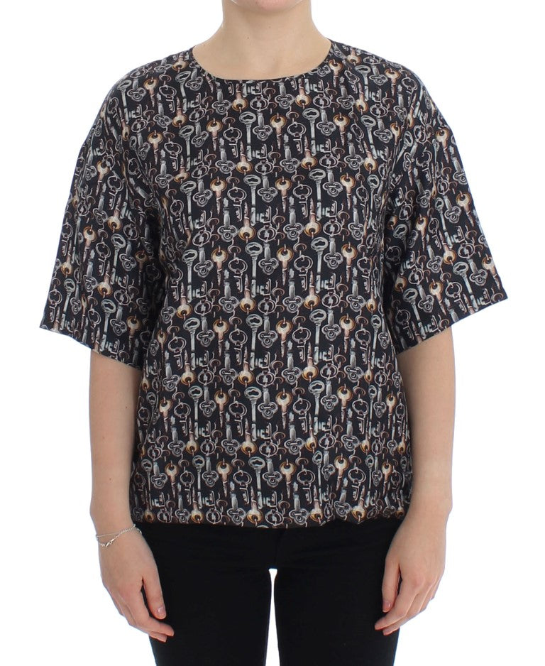 Gray Gold Key Print Silk Blouse T-shirt-Dolce & Gabbana-LabelTerrace.com