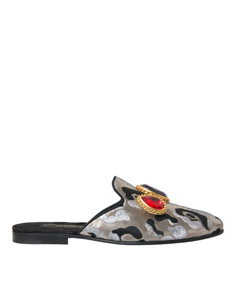 Gray Jacquard Crystal Mule Flat Sandals Shoes-Dolce & Gabbana-LabelTerrace.com